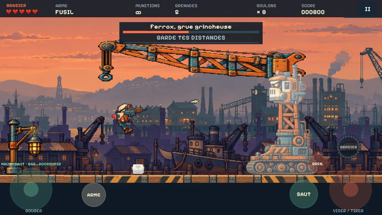 Brasier : combat contre Ferrox, une grue géante, sur les docks au coucher du soleil.