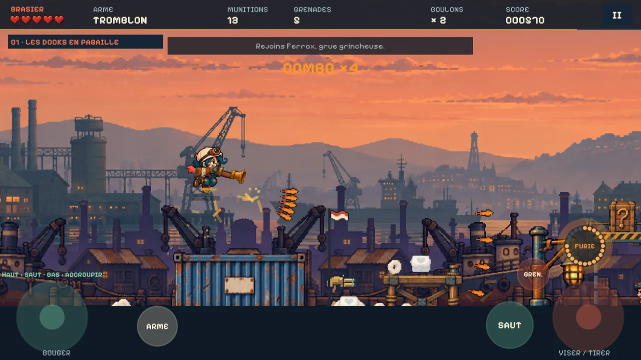 Brasier : un héros saute entre les conteneurs des docks en pixel art.