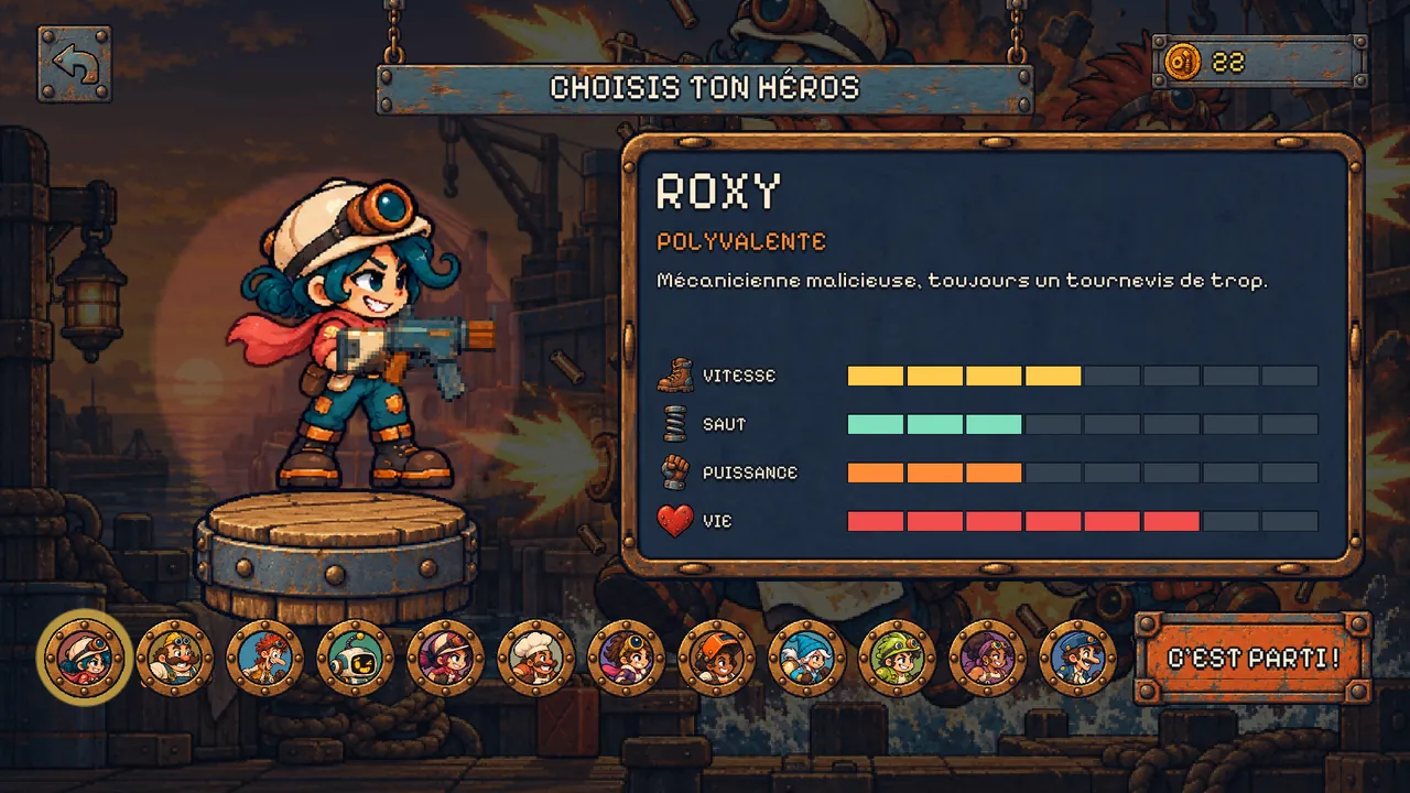 Brasier : écran de choix du héros, avec Roxy la mécanicienne et ses statistiques.