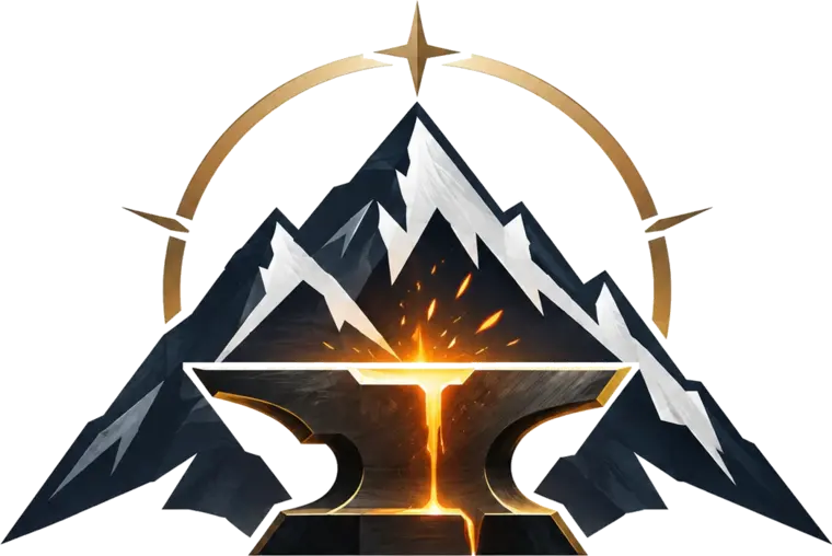 Emblème Atlas Forge Studios : une enclume rougeoyante devant une montagne enneigée, sous un anneau doré.