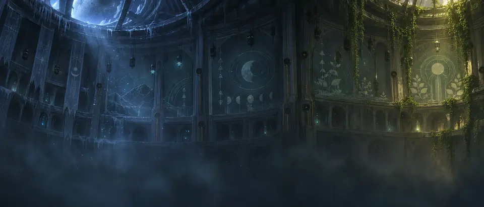 Atrium des lampes : rotonde sombre couverte de lierre et de symboles lunaires.