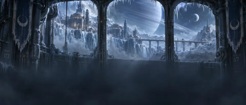 Baie d'arrimage : arches gelées ouvertes sur une cité de glace et une planète à anneaux.