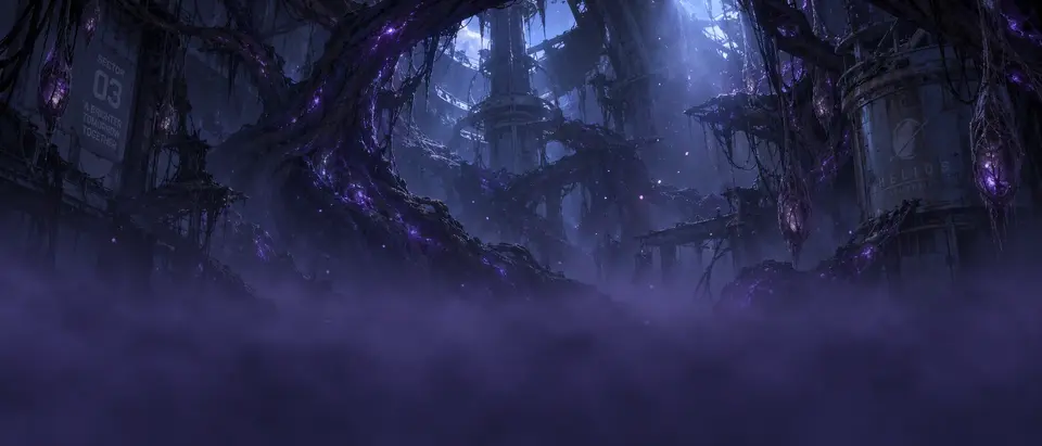 Racines : ruines envahies de racines violettes dans la brume.