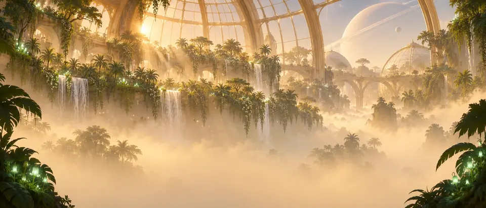 Serres : jungle dorée sous un dôme de verre, cascades et planète à anneaux.