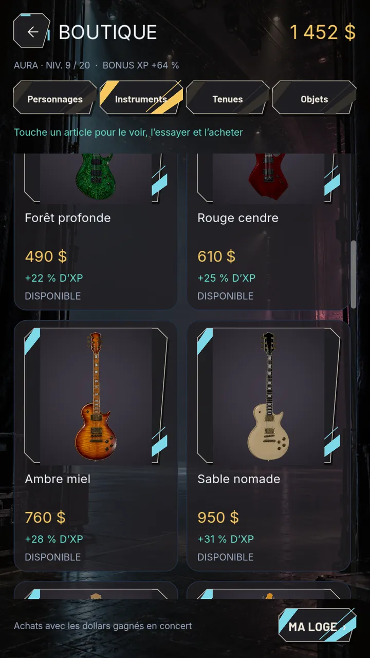 Volt Riff, la boutique de guitares : quatre guitares avec leur prix en dollars du jeu.